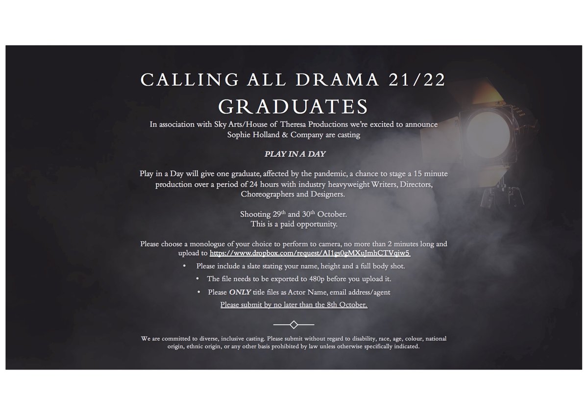 Please #RT this exciting opportunity for New Drama 🎭Graduates. #castingcall 
txt.do/tantr
#SophieHollandandCompany <a href="/SkyArts/">Sky Arts Awards</a>  <a href="/kwamekweiarmah/">Kwame Kwei-Armah</a> @fayetimby <a href="/FFearis/">Frankie Fearis</a> <a href="/SaraClarkDownie/">Sara Short</a> #ChandraRuegg