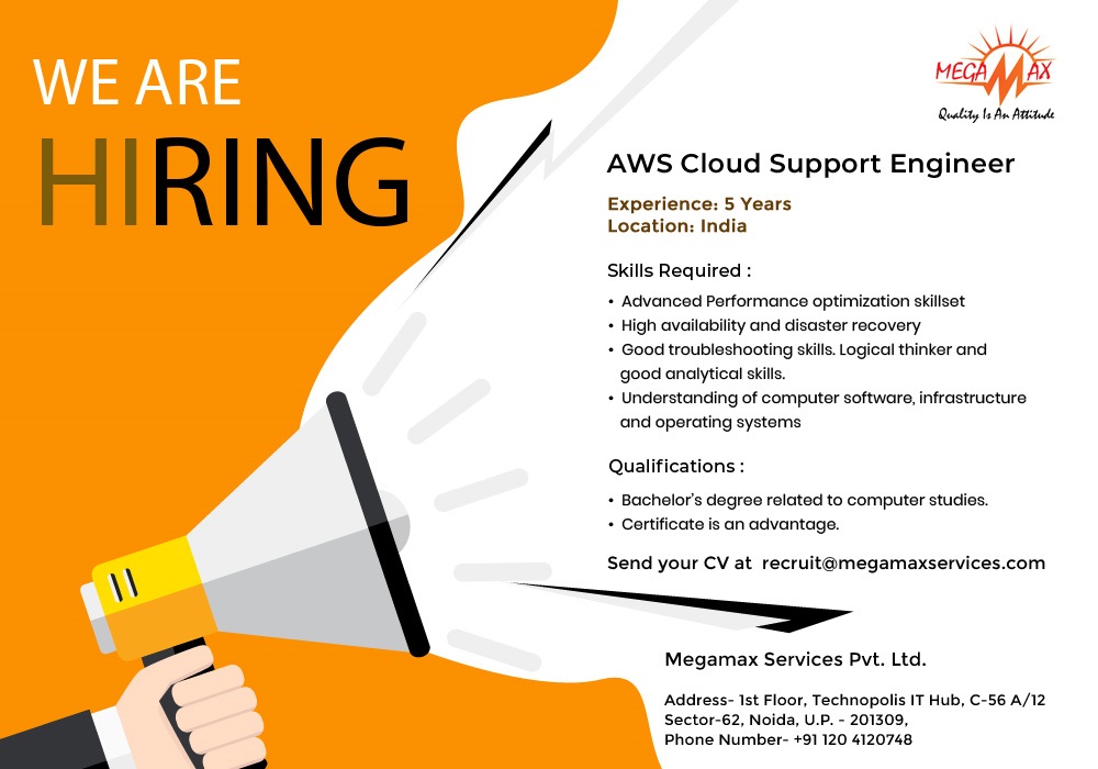 MegamaxServices's tweet image. Megamax Services is hiring for AWS Cloud Support Engineer for India!!- bit.ly/3EPu1vb
Interested candidates can send their CVs to career@megamaxservices.com
#MegamaxServices #Hiring #AWSCloudSupport #CloudEngineer