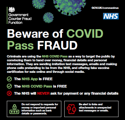 CommunitiesSOT's tweet photo. (1/2)Beware of 'COVID PASS' Fraud. 
If you receive a call and suspect it to be fraudulent, hang up. Suspicious email, forward to report@phishing.gov.uk. 
Suspicious text message, forward to 7726 free-of-charge. https://t.co/4Ng8dVLbv2