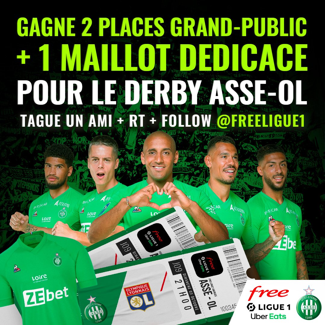 FreeFoot's tweet photo. #JeuConcours 🎁Un derby ça ne se joue pas, ça se gagne… et ça se vit ! 

Et justement, 2 places + 1 maillot dédicacé sont à gagner cette semaine, pour vivre cet @ASSEofficiel - @OL de façon exceptionnelle 😍💚

Pour participer :
👉 RT + Follow @FreeLigue1
👉Tague un pote
#ASSEOL https://t.co/6pd0bPWfbZ