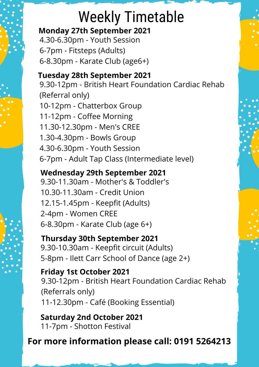 Our #timetable for this week not forgetting Shotton #Communtiy #Festival on Saturday.