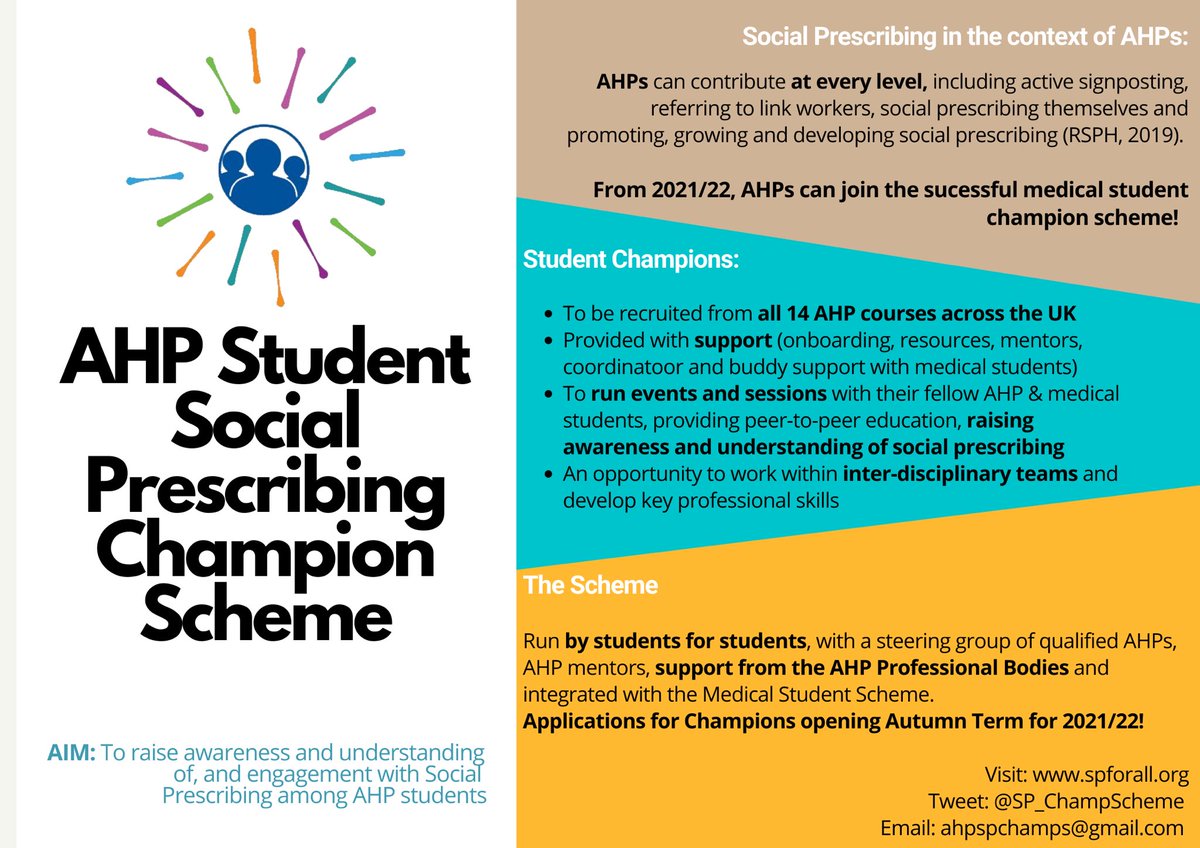 SP_champScheme's tweet photo. ๐จ NEW #AHP Student Champion Schemeโผ๏ธ
For the first time, both medical AND AHP students can apply this year!
HCPs all have a role in #SocialPrescribing and @R_S_P_H outlined the role of AHPs:
https://t.co/icjlfXt5KT
A great time for #AHPstudents to apply to be SP champions! ๐ https://t.co/lmn4kV2PDO