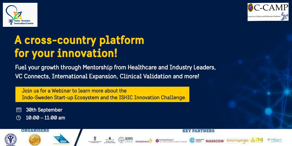 CCAMP_India's tweet photo. Webinar on Indo-Sweden Startup Ecosystem &amp; @IndiaSwedenIC's #ISHIC 2021 for startups in Digital Health, Medtech, Diagnostics in partnership with CCAMP

30th Sept, 11am 
With eminent speakers from CCAMP @aiims_jodhpur  @AstraZeneca @BusinessSweden 
✍️https://t.co/5PBVPXqYdg https://t.co/dVQQ2kKczi