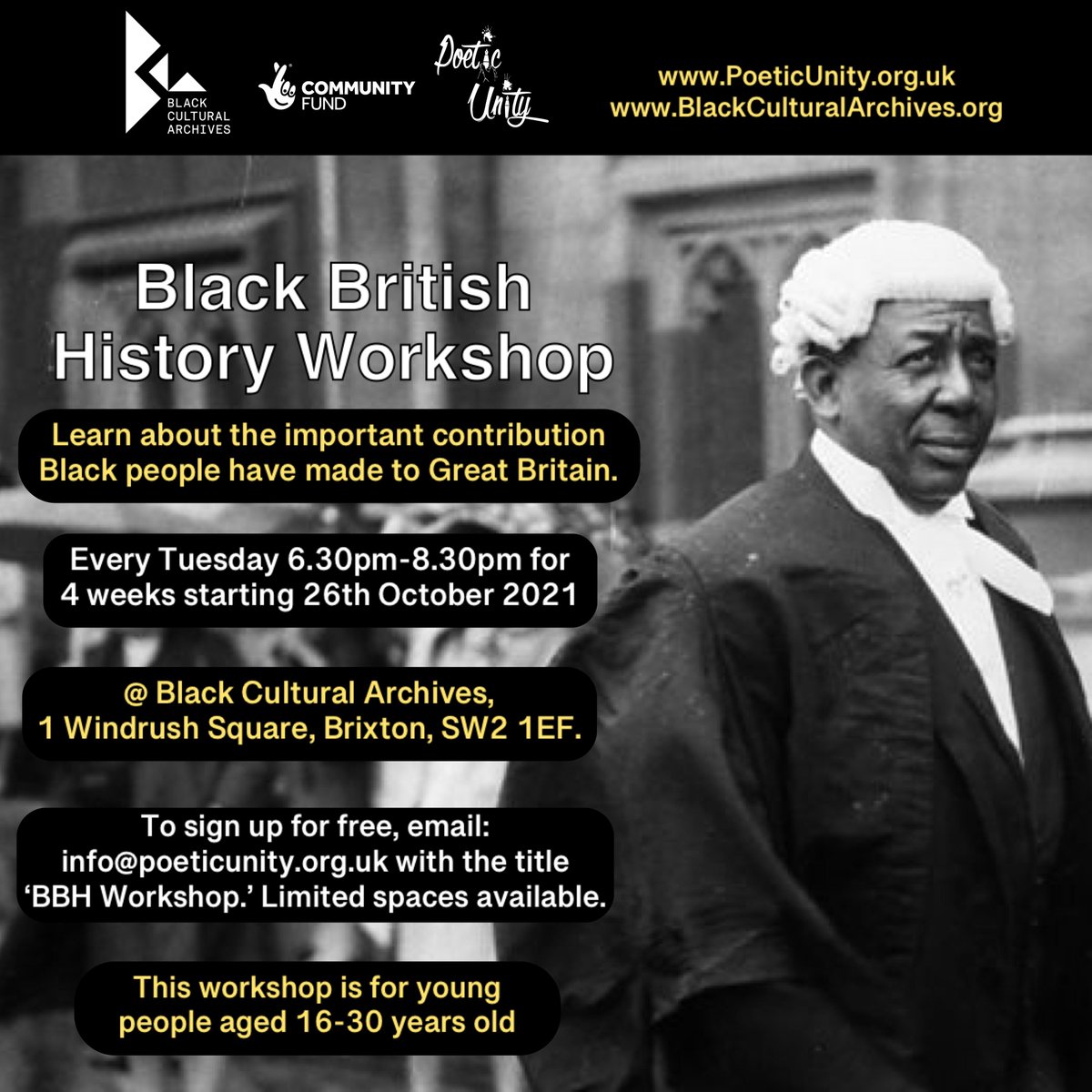 bcaheritage's tweet photo. The Black British History workshop in collab with @Poetic_Unity is for young people aged 16-30 to learn from the archives &amp; acquire new writing skills to create poetry. Starting 26th October 6.30pm-8.30pm
Sign up at info@poeticunity.org.uk with the title 'BBH Workshop.'

#poetry https://t.co/PRfjaTt71T