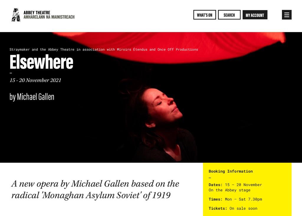 Michael Gallen (@gallenmusic) on Twitter photo Tickets for my opera #elsewhere go on sale THIS FRIDAY on <a href="/AbbeyTheatre/">Abbey Theatre</a> website! Thrilled to be bringing it to life Nov 15-20 w a stellar team. A <a href="/stray_maker/">straymaker</a> co-pro with the Abbey, supported by <a href="/artscouncil_ie/">The Arts Council / An Chomhairle Ealaíon</a> and <a href="/CreativeMonagh2/">Creative Monaghan</a>. abbeytheatre.ie/whats-on/elsew… Tickets for my opera #elsewhere go on sale THIS FRIDAY on <a href="/AbbeyTheatre/">Abbey Theatre</a> website! Thrilled to be bringing it to life Nov 15-20 w a stellar team. A <a href="/stray_maker/">straymaker</a> co-pro with the Abbey, supported by <a href="/artscouncil_ie/">The Arts Council / An Chomhairle Ealaíon</a> and <a href="/CreativeMonagh2/">Creative Monaghan</a>. abbeytheatre.ie/whats-on/elsew…