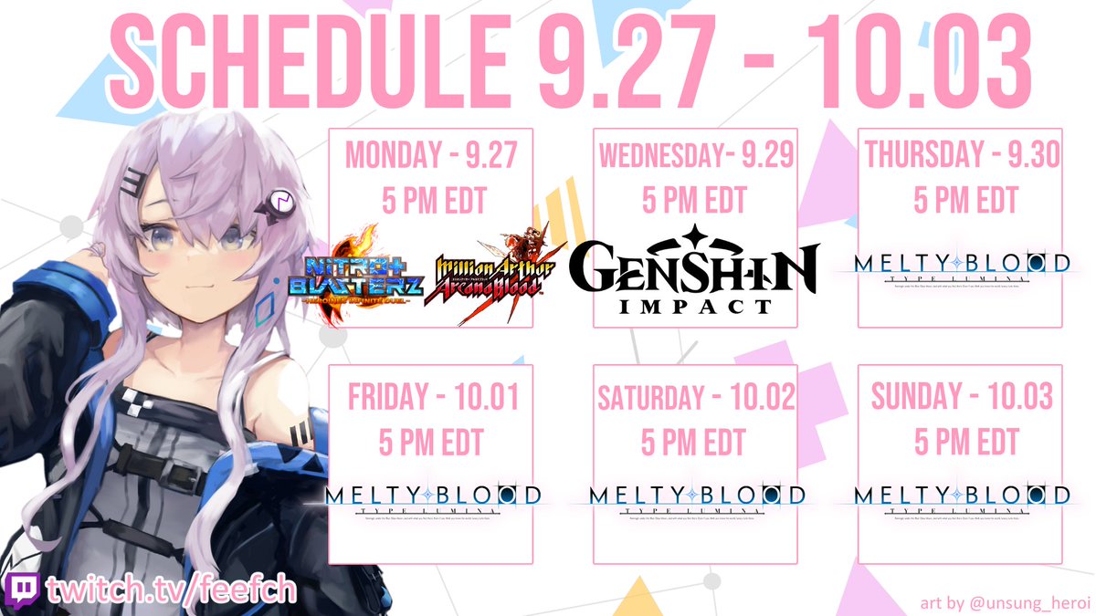FeefCh's tweet photo. In this week's schedule, lots of Melty Blood.
twitch: https://t.co/hqapPUURFX
you can also sub to my youtube: https://t.co/seHJoBNwvt
Art Tag: #feeftration
#Vtuber #ENVtuber https://t.co/vZ3dcNXefh