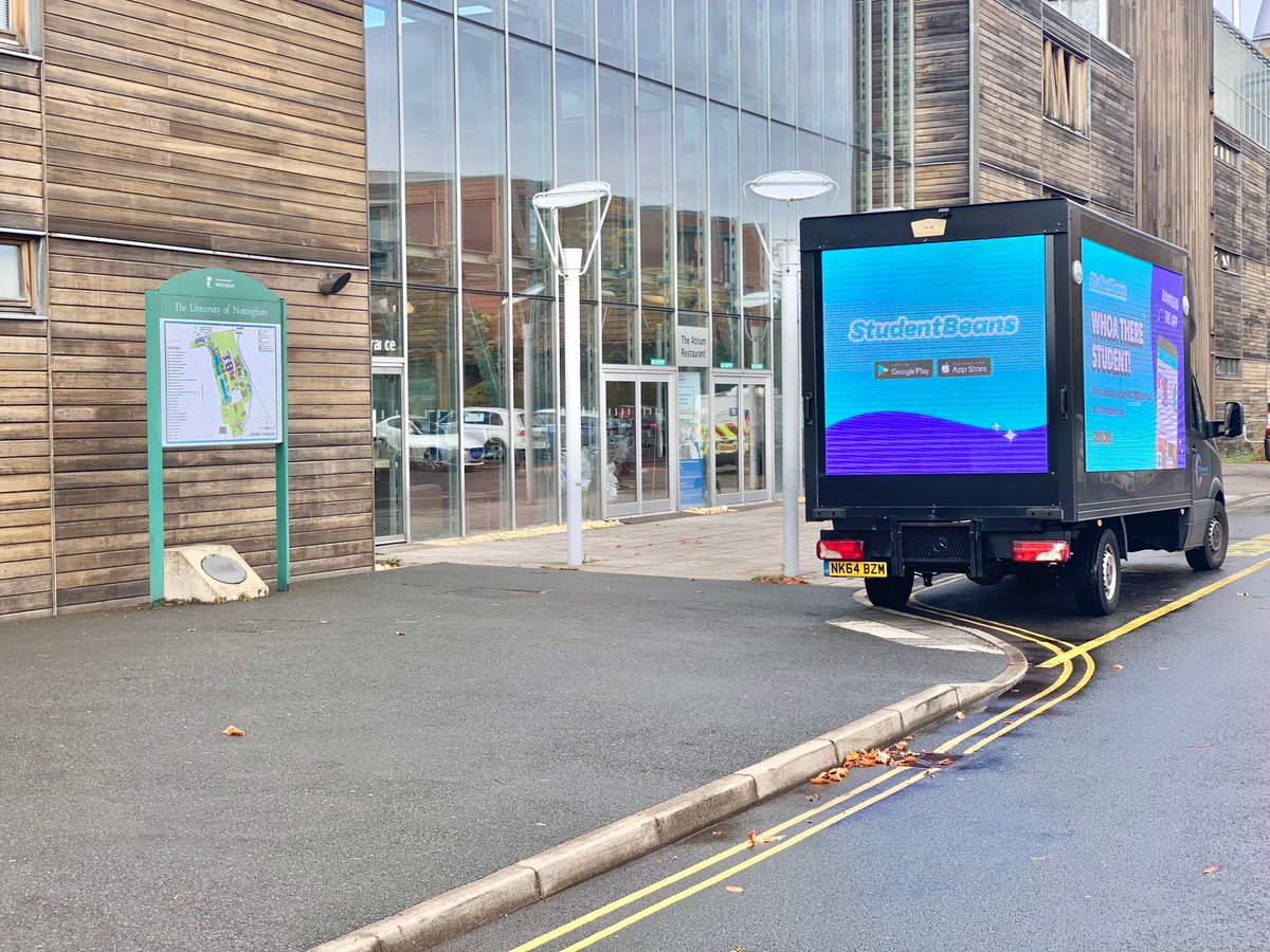OneDay_Agency's tweet photo. You can’t get more tactical than this: just outside the student restaurant in Nottingham University! @studentbeans #studentbeans #ooh #dooh #digitaladvan #advan #mediaagency #marketingagency #onedayagency https://t.co/0ntXsT7Cls