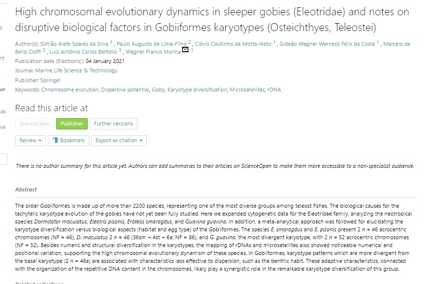 JOUChina's tweet photo. 'High #chromosomal evolutionary #dynamics in sleeper gobies (Eleotridae) and notes on #disruptive biological factors in Gobiiformes #karyotypes (Osteichthyes, Teleostei)' an article on #ScienceOpen: https://t.co/W4ydyT0n06 https://t.co/U5evreaC9l