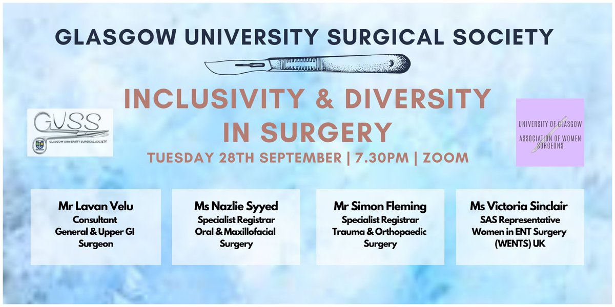 gusurgsociety's tweet photo. Join us tomorrow for our first event of the year, in partnership with @UoG_AWS!

@OrthopodReg, @lavan_velu, @VictoriaPepys &amp; Ms Nazlie Syyed will be discussing Inclusivity and Diversity in Surgery. 

More info and zoom link
https://t.co/t0Bo0rJzvi

Looking forward to seeing you! https://t.co/OwXmPNhZEZ