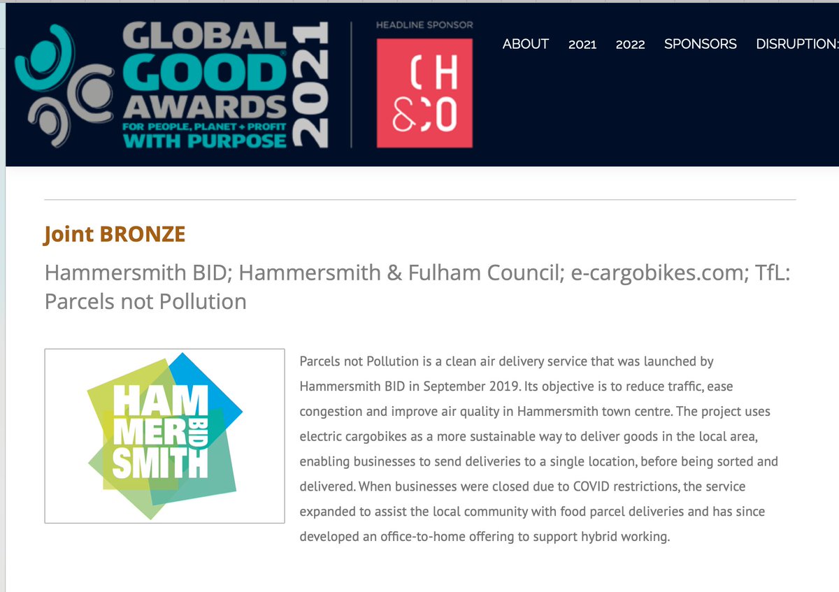 ecargobikes's tweet photo. Very pleased to to have won bronze in the Global Good Awards' Community Partnership category in partnership with @HammersmithBID @LBHF @TfL for  #ParcelsNotPollution - #CleanAir is everybody's business and when we work in partnership to prioritise low impact choices everyone wins https://t.co/CrU7VTqPkD