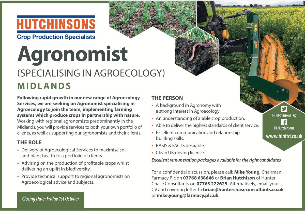 We are delighted to be working with Hutchinsons on a new role for an Agronomist who will specialise in Agroecology. This member of the team will join an area of the business that is developing rapidly. Please phone Brian Hutchison for more details on 07765 222625