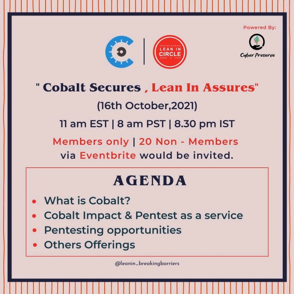 barriers_in's tweet photo. Agenda Ahead.
Cobalt Secures, Lean In Assures
.
.
.
cc: @LeanInOrg Sheryl Sandberg & Dave Goldberg Family Foundation @CyberPreserve @cobalt_io @tijuanera
.
.
.
#leanin #leaninorg #womenleaningin #cobaltsecuresleaninassures #womenintheworkplace #womensupportingwomen #womensecurity https://t.co/4gmaI5kxVu