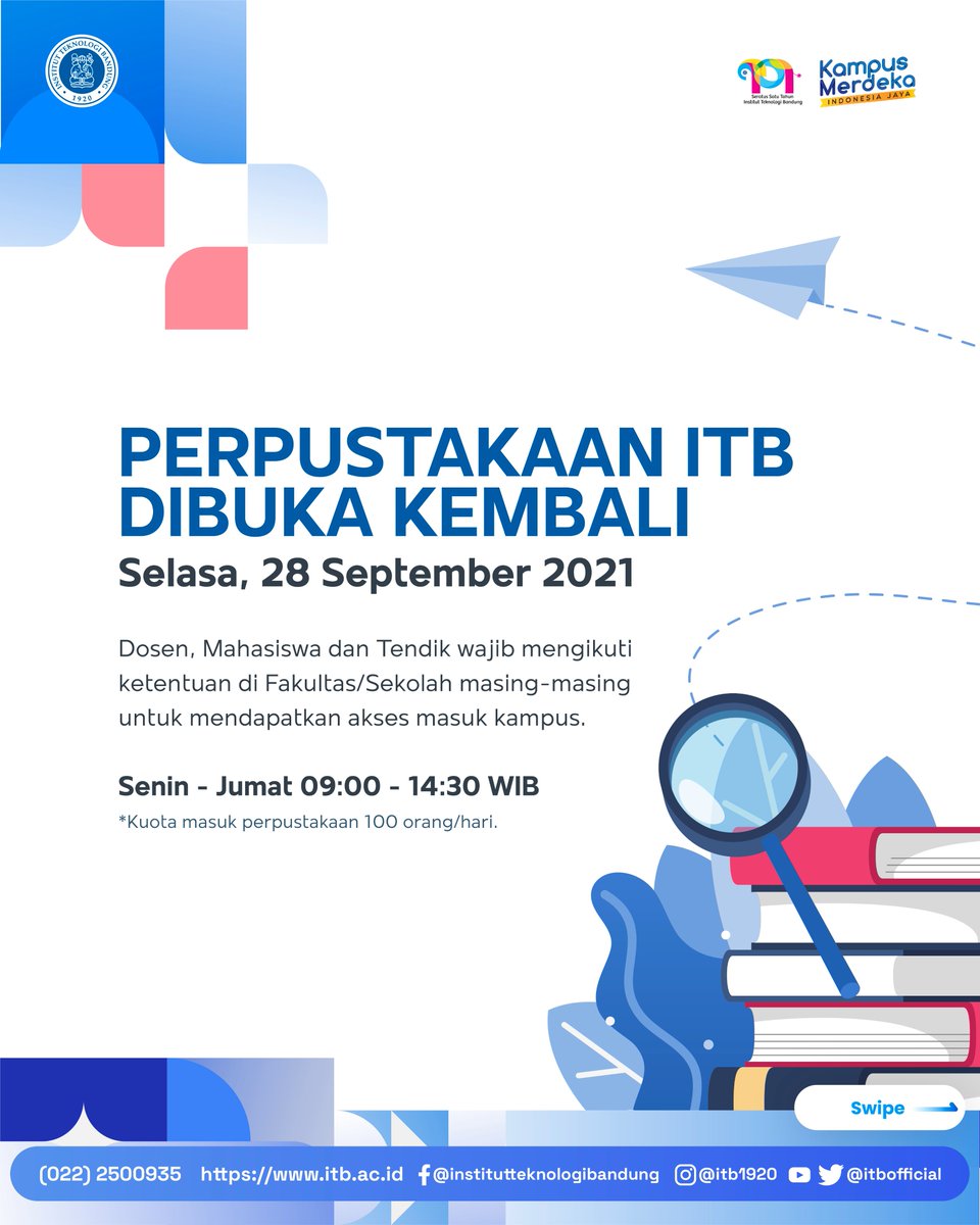 itbofficial's tweet photo. Hai sivitas akademika ITB, akhirnya @ITBLibrary sudah akan dibuka kembali loh mulai Hari Selasa, tanggal 28 September 2021. Jam layanan 09.00 - 14.30 WIB. Informasi lebih lanjut di laman https://t.co/qS0EHqT8I4
#library https://t.co/mIeMeQzWo3