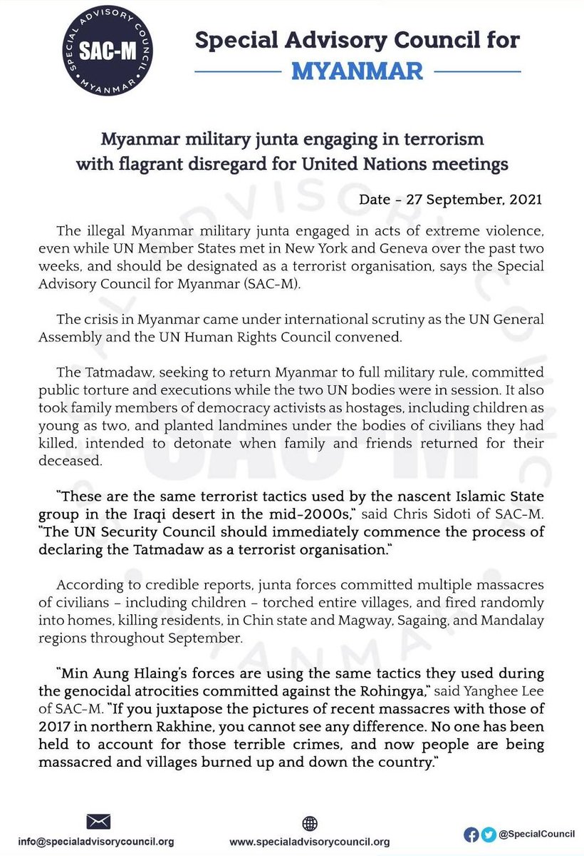 MayWongST's tweet photo. The killings/burning of villages in parts of #Myanmar like #Chin #Magway reminded @SpecialCouncil @YangheeLeeSKKU of #Rohingyas' 2017 plight. Says #military used "same tactics" as can't tell difference “if you juxtapose pictures of recent massacres with those" of #Rakhine in 2017 https://t.co/rI1ECuc0eM