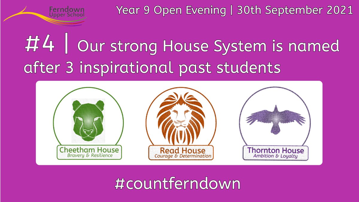 We’re proud to have a House System named in honoured of inspirational past students.🙌

Come and speak to our Heads of House on Thursday to see why our Houses are so amazing! 😃

#countferndown 3 days to go!🤩
