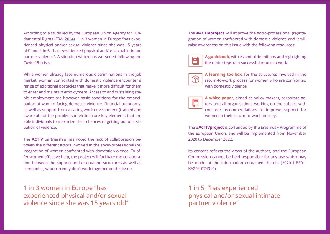 Making_Projects's tweet photo. ✊Discover the #ACTIVproject 

💜Focused on the socio-professional (re)integration of women confronted with #domesticviolence 

😱Check our flyer https://t.co/mbg3DhCYjT  
#CEPS w/@FondationFACE @PLS_news @USVreact 

#womensupportingwomen #womenpower https://t.co/CUF1zDda9L