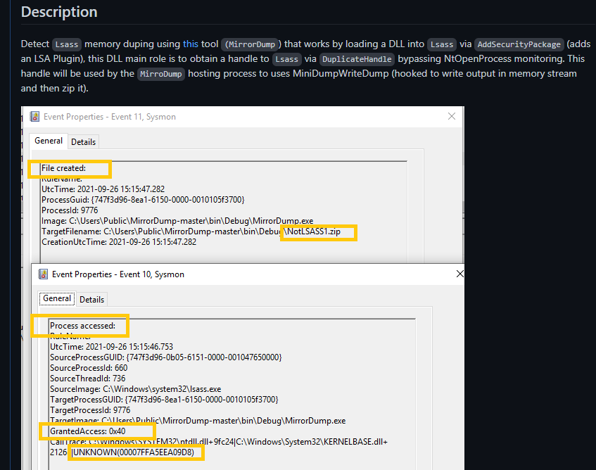SBousseaden's tweet photo. when it comes to lsass cred access monitoring, we all focus on the targetimage is lsass, what about the other direction?  MirrorDump defaults traces is a good example (PROCESS_DUP_HANDLE+source Image is lsass + Unknown CallTrace)

https://t.co/hs1WFImBrF

https://t.co/ljGTQbOnLK https://t.co/apXmMoD2LP