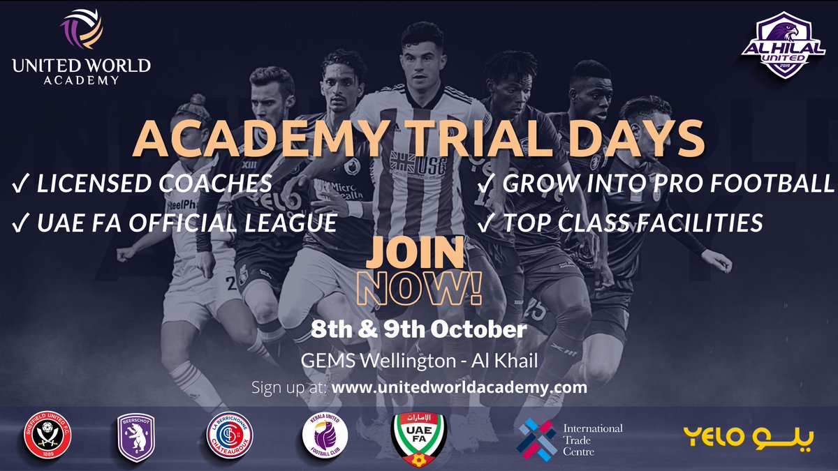 Alhilal_United's tweet photo. Together with United World Academy we are calling all talented players to come to our Trial Days 🔥

Play with us in the official UAE youth league ⚽

Sign up at https://t.co/Vv1JdkhVj7 ✍️

More information on https://t.co/ZbWr9CveLT https://t.co/6jVOBktzs0