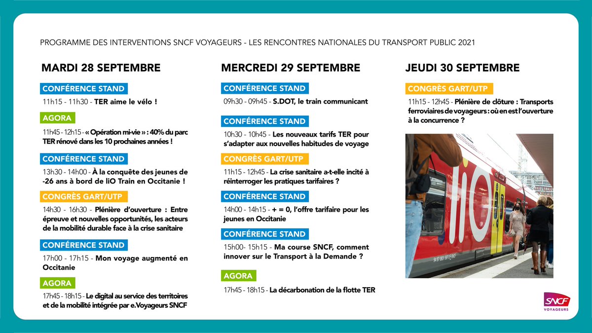 TER__SNCF's tweet photo. [#RNTP2021]

Retrouvez-nous à partir de demain, mardi 28 septembre, aux Rencontres Nationales du Transport Public au MEET de Toulouse.

A l’occasion de cet événement, retrouvez tout au long de la semaine plusieurs interventions des acteurs de #TER.

#PlusdeTERmoinsdeCO2 🌱🚆 https://t.co/IJtvHobkvC