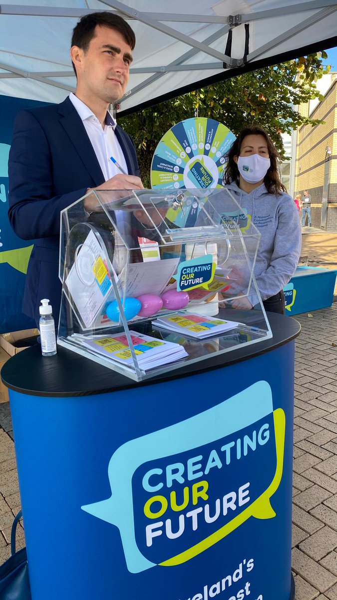 Minister @jackfchambers at the #CreatingOurFuture roadshow at @blanchcentre this morning. Next stop today is St Stephen's Green from 2-6pm. Grab a coffee & a chat with researchers & share your ideas on the role research can play in making a better future. creatingourfuture.ie