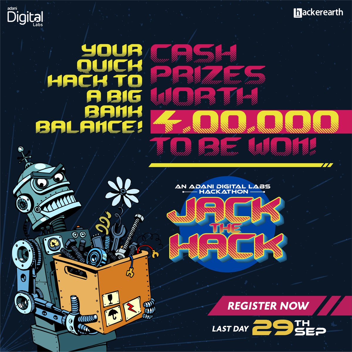 AdaniDigital's tweet photo. Here’s a shoutout to all jacks of hacks out there. If you can change the customer experience game for our big billion enterprises, we can give a lot more than loose change. Cash prizes worth Rs 4 lakhs to be precise! Register now https://t.co/2EixTSktpj
#AdaniDigitalLabs https://t.co/8gByiedwS9