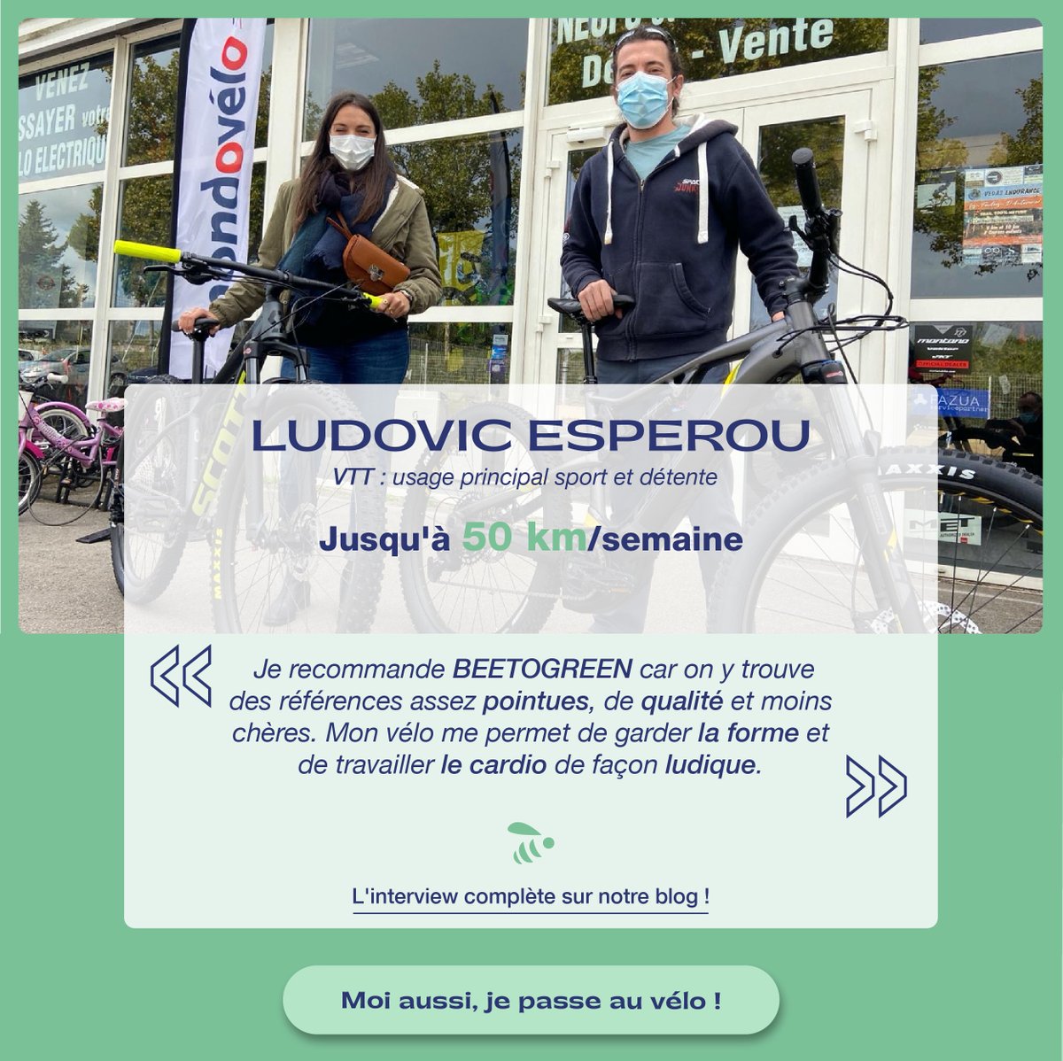 BeeToGreen2's tweet photo. 🎤 "J'ai trouvé sur #BeeToGreen des références pointues, de qualité et moins chères".

👉 Retrouvez l'interview complète de Ludovic, salarié https://t.co/66Ecjv62yi, sur son expérience d'achat (lien en commentaire).

#mobilitedurable #vae #fmd #forfaitmobilitedurable #velotaf https://t.co/OCGgBT4ukm