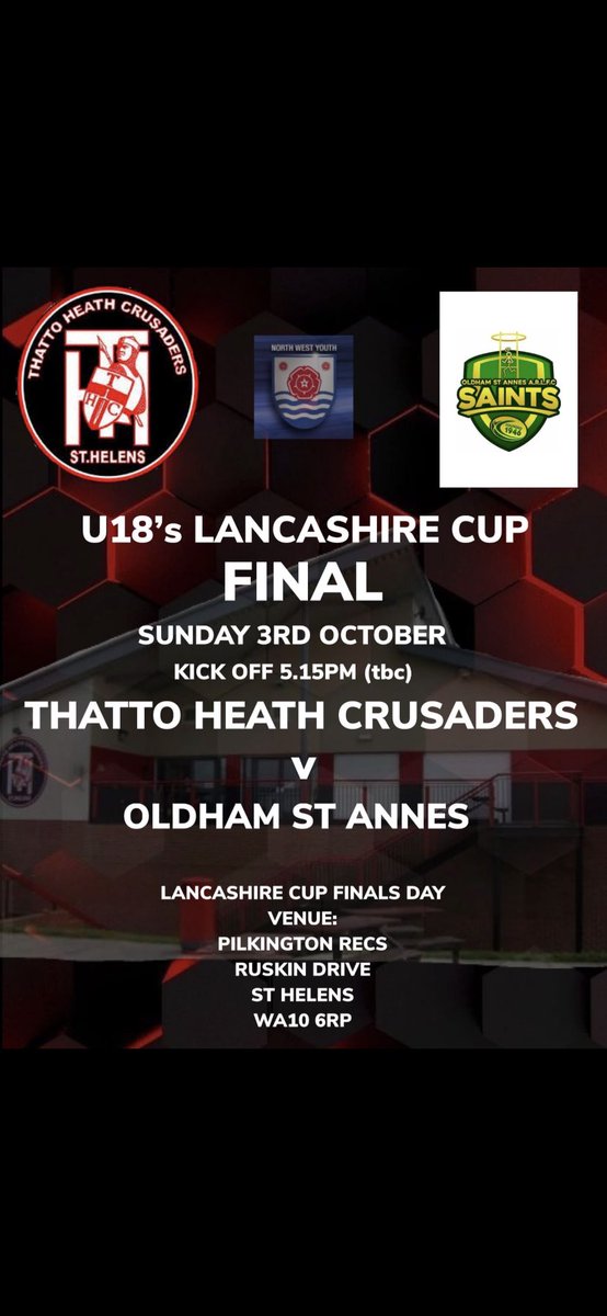 After yesterday’s big win, the lads travel the short distance to Ruskin Drive for the Lancs Cup Final on Sunday 3rd October. <a href="/OldhamStAnnes/">The Saint</a> are the opposition, it should be a top game of rugby. Be great to see you there. <a href="/ThattoRugby/">Thatto Heath Crusaders</a>