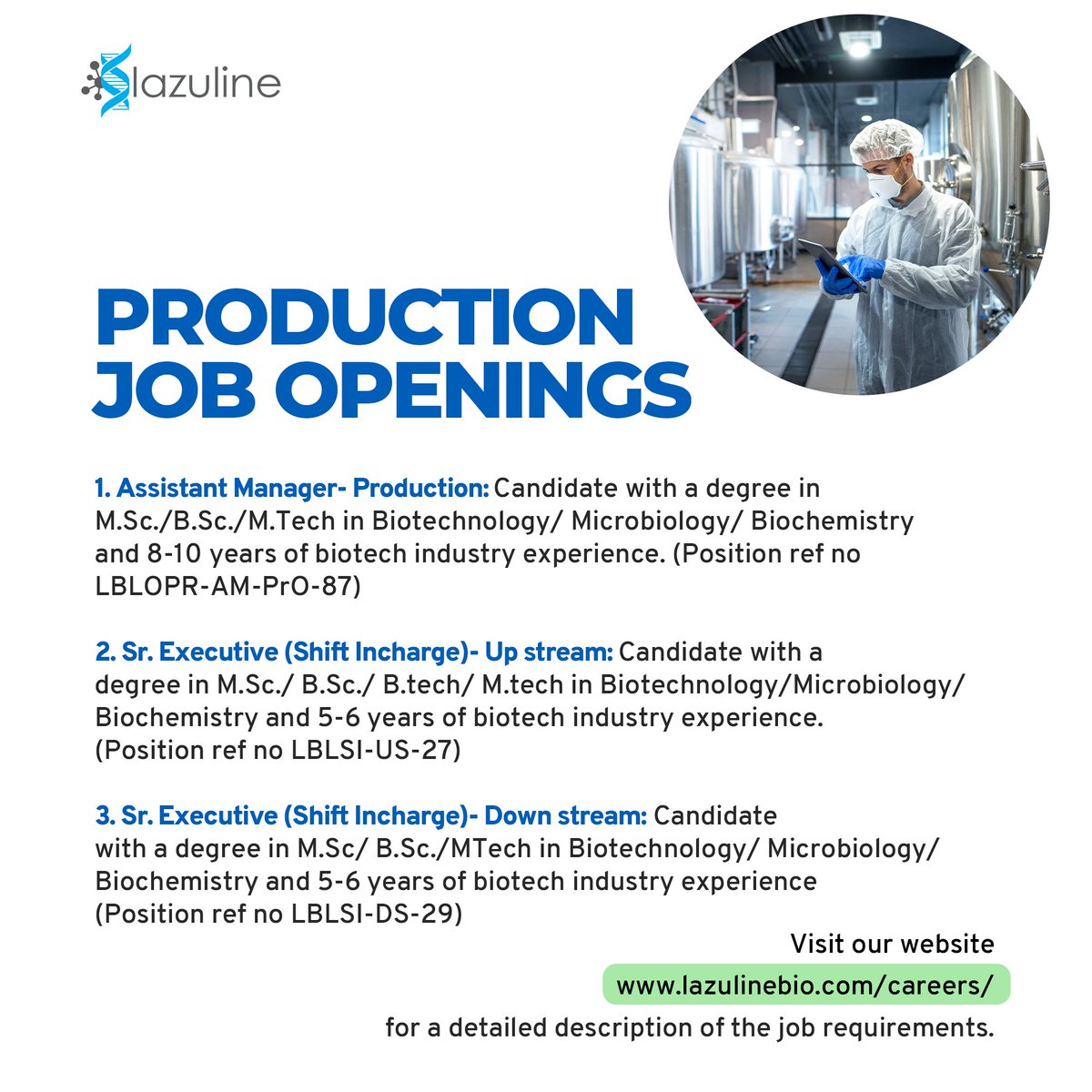 LazulineBiotech's tweet photo. We are hiring!

R&amp;D, Production &amp; QC/RA. 

#biotechjobs #hiring #jobs #lifesciences #healthcare https://t.co/zjC3cjaEEL