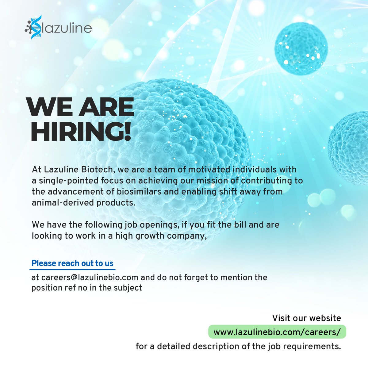LazulineBiotech's tweet photo. We are hiring!

R&amp;D, Production &amp; QC/RA. 

#biotechjobs #hiring #jobs #lifesciences #healthcare https://t.co/zjC3cjaEEL