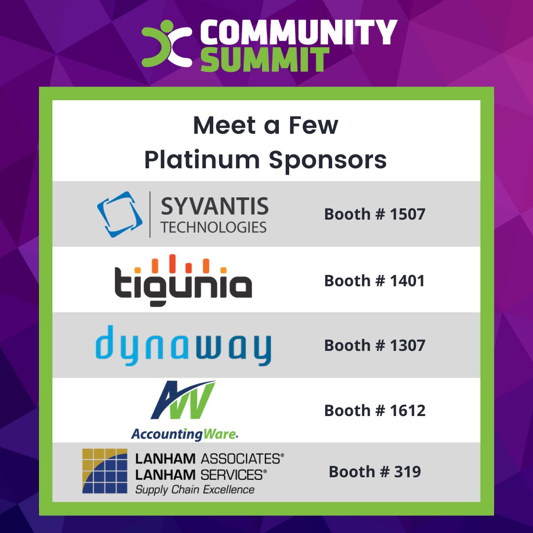 D365Communities's tweet photo. Shoutout to this group of #MySummitNA Platinum Sponsors! Check out their booth numbers and plan your Expo Hall visit.
@SyvantisTech | @DynawayDotCom | @TiguniaLLC | @AccountingWare | @LanhamAssoc | #FourVision | @enVistaCommerce | @EBizCharge | @Wolters_Kluwer | @IntegrityData https://t.co/QHK49MPUsY
