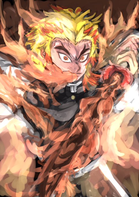のっぺりミントさんがTwitterに投稿した煉獄杏寿郎(鬼滅の刃)のイラスト。