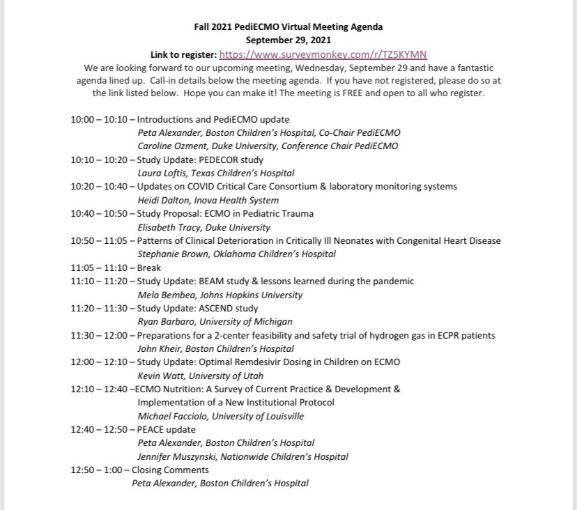 Our Fall Meeting is only 2 days away!!   Check out the exciting agenda below and link to register.  All medical professionals who work with ECMO are welcome.  #pedsicu. #ecmo.  ⁦<a href="/PALISInet/">PALISI</a>⁩ ⁦<a href="/ELSOOrg/">ELSO</a>⁩ ⁦<a href="/drpetaalexander/">Peta Alexander</a>⁩