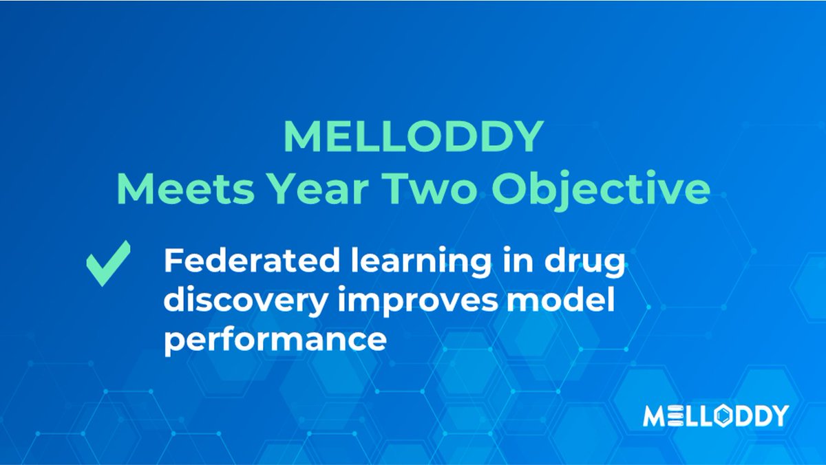 MELLODDY_IMI's tweet photo. We are pleased to announce the @MELLODDY Consortium #IMI_JU project has met its year 2 objective with the first demonstration of #federatedlearning to improve predictive model performance in #drugdiscovery. Read more about our progress on this project: https://t.co/ei7QbEcQNk 1/3 https://t.co/CdftZHtwH2