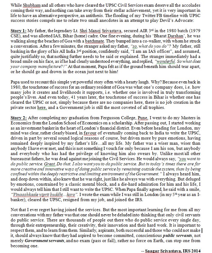 ssrivastava2011's tweet photo. While Shubham &amp; all others who have cleared the UPSC deserve all the accolades coming their way, it is v important in life to have an alternative perspective, an antithesis. The flooding of my TL with success stories compels me to relate 2 small anecdotes &amp; play Devil’s Advocate: https://t.co/5A7UGS4Ssy