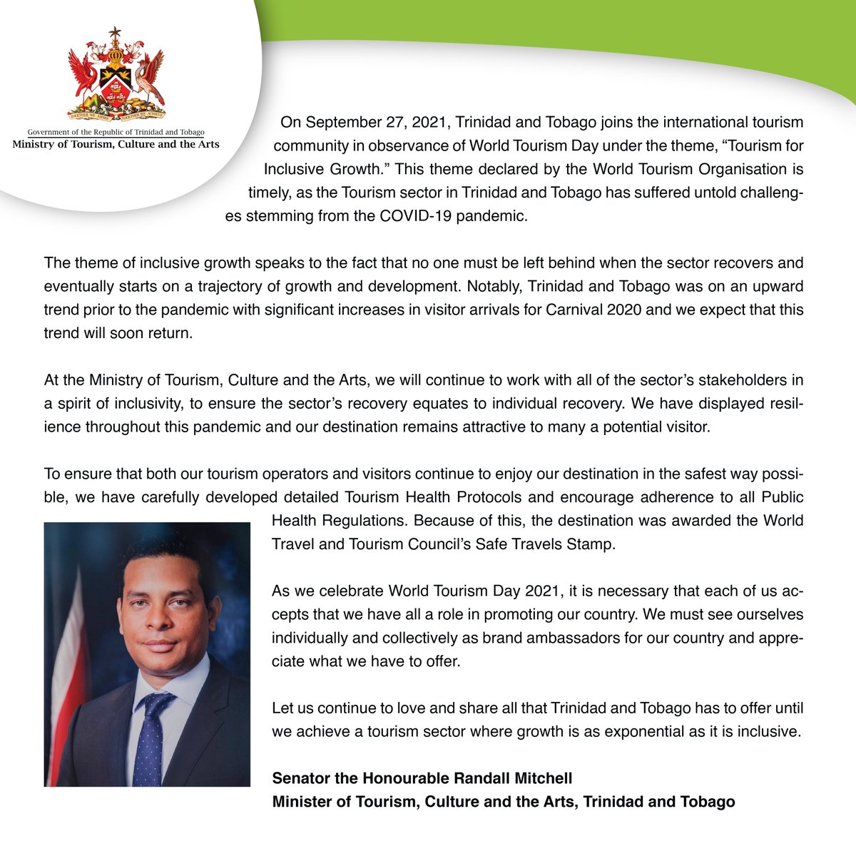 mccdtt's tweet photo. Today September 27, 2021, the Ministry of Tourism, Culture and the Arts joins the international tourism community in observance of World Tourism Day. See below for a message from the Minister of Tourism, Culture and the Arts, Senator the Honourable Randall Mitchell. https://t.co/zbiKsjLRUg