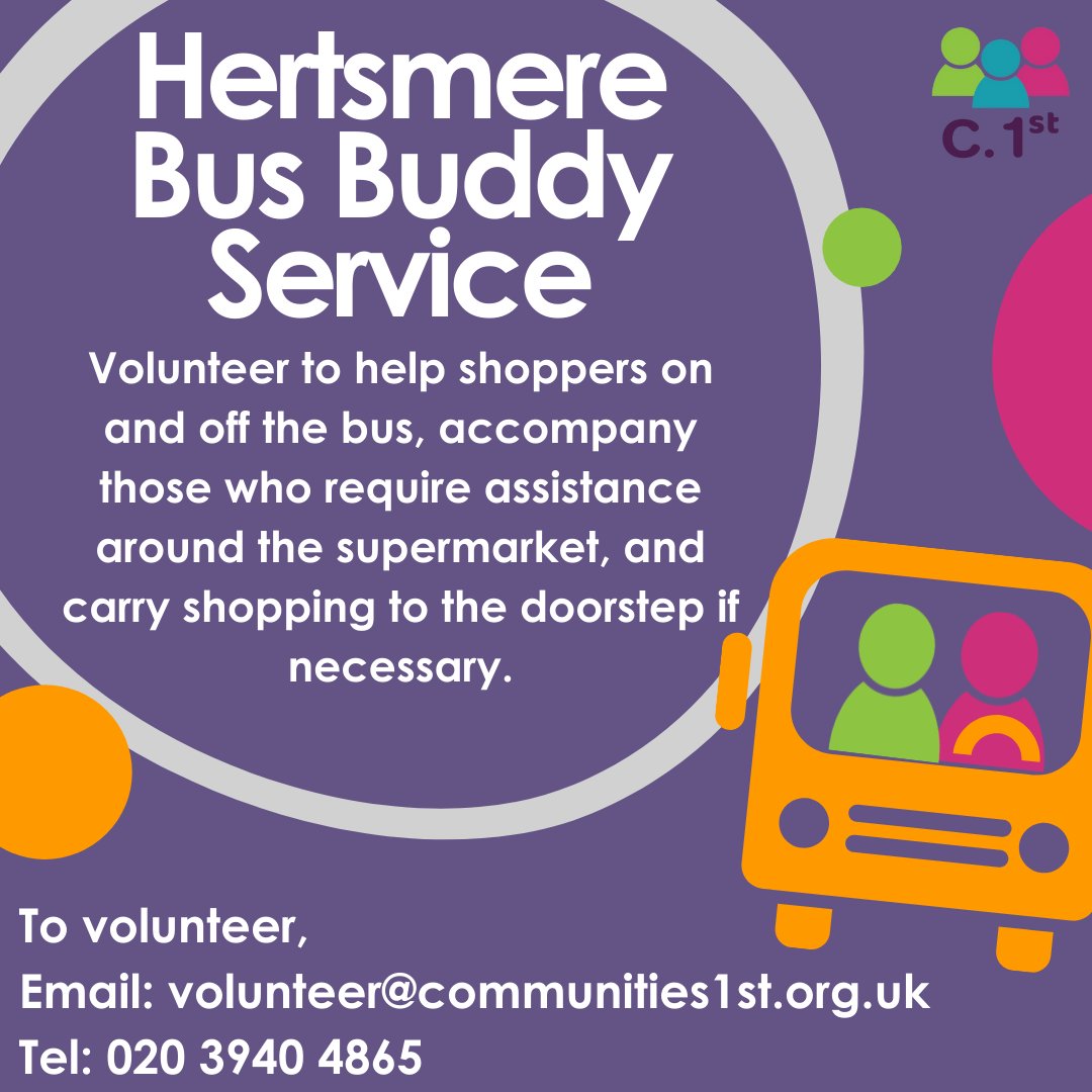 1stCommunities's tweet photo. Our Bus Buddy Service takes Hertsmere residents from their door to the local supermarket. Volunteers will help you board the bus and carry your shopping bags. 🚌🛒

To book please call 020 8207 5055 between 9.30am - 2pm, Monday - Friday or email travel@communities1st.org.uk https://t.co/uaExuVdoR3