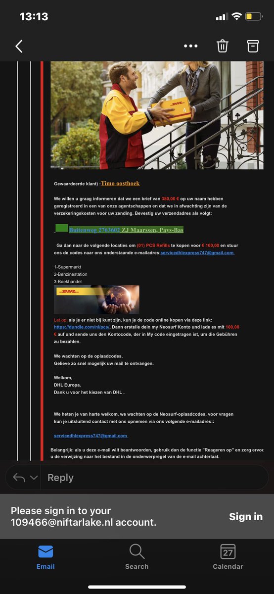 users20075's tweet photo. @DHL_NLexpress is dit echt, hebt een overeenkomst met de verkoper alleen moet vooraf 100 eu aan verzekering betalen en dan komen ze het pakket thuis ophalen en dan krijg ik me geld https://t.co/3F3DnYjvkQ