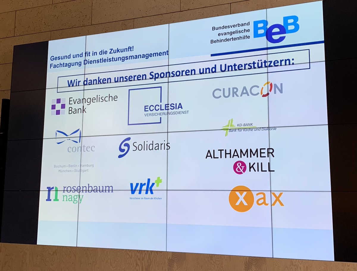 Die diesjährige Fachtagung Dienstleistungsmanagement des #BeB findet heute und morgen statt. Wir danken unseren Sponsoren und Unterstützern.
@Ev_Bank @contec_GmbH @RosenbaumNagy <a href="/solidarisgruppe/">solidaris</a> @AlthammerKill #ecclesia #curacon #kdbank #xax #vrk