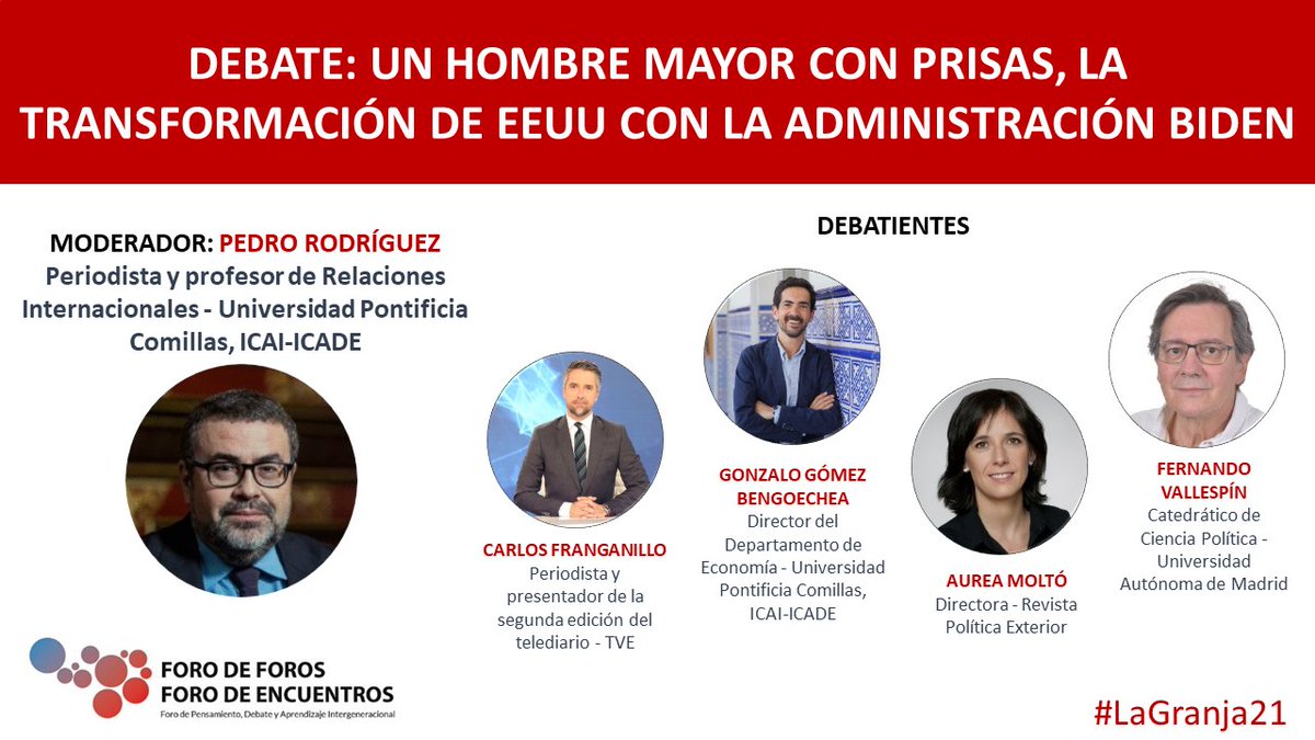 forodeforos's tweet photo. ¡Ya he llegado la semana de #LaGranja21! Vente y disfruta de @PedroRodriguezW, @cfranganillo, @GGBengoechea, @aureamolto y @FVallespin hablar sobre la Administración Biden. #FelizLunes #ForodeForos https://t.co/LjjyZVnafK