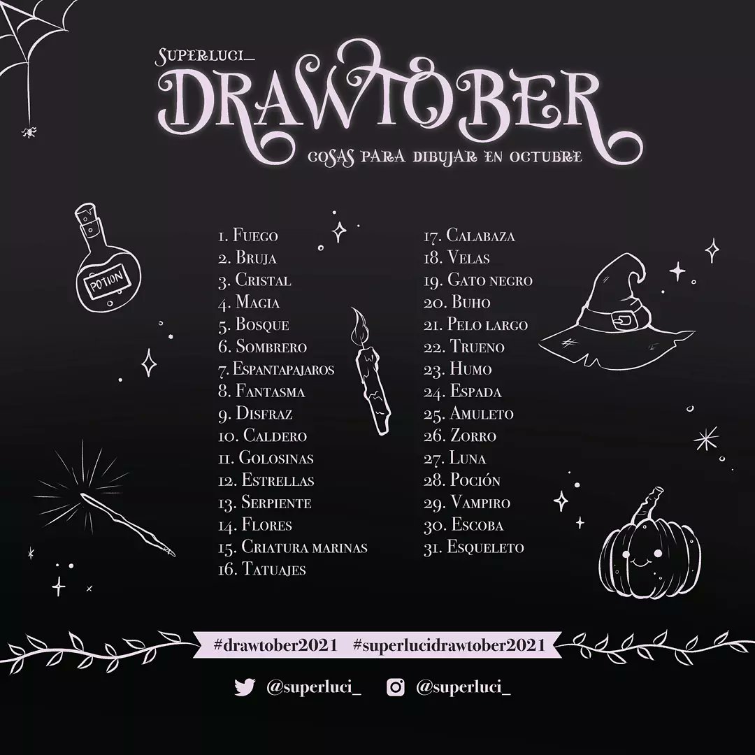 lucimart96's tweet photo. ¡OCTUBRE YA CASI ESTÁ AQUÍ! 🎃 Aquí os dejo mi lista de este inktober por si alguien se anima. 👻🔮

#drawtober #inktober #inktober2021 #drawtober2021 #superlucidrawtober2021 #draw #drawing #character #characterdesign #witch #halloween #illustration #digitalart #artist #challenge https://t.co/w6MAOzTOQD