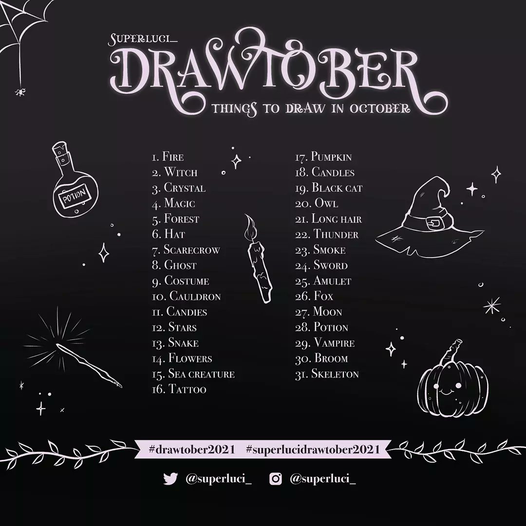 lucimart96's tweet photo. ¡OCTUBRE YA CASI ESTÁ AQUÍ! 🎃 Aquí os dejo mi lista de este inktober por si alguien se anima. 👻🔮

#drawtober #inktober #inktober2021 #drawtober2021 #superlucidrawtober2021 #draw #drawing #character #characterdesign #witch #halloween #illustration #digitalart #artist #challenge https://t.co/w6MAOzTOQD
