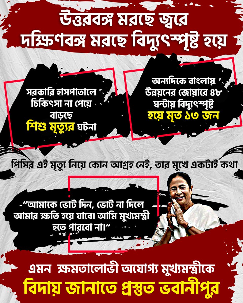 BJP4Bengal's tweet photo. উত্তরবঙ্গ মরছে জ্বরে দক্ষিণবঙ্গ মরছে বিদ্যুৎস্পৃষ্ট হয়ে!

এমন ক্ষমতালোভী অযোগ্য মুখ্যমন্ত্রীকে বিদায় জানাতে প্রস্তুত ভবানীপুর।
#AbaroHarbeMamata https://t.co/10sLCOvLMD