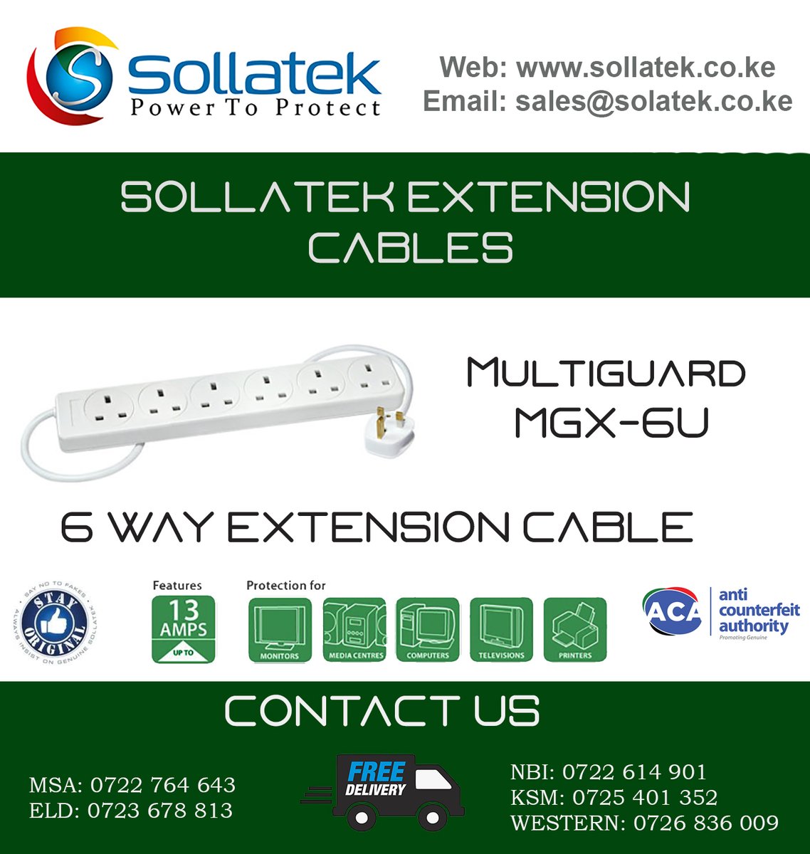 SollatekEA's tweet photo. The Sollatek MultiGuard is a high-quality 6-way strip that provides full surge/spike protection at an affordable price.
PROVIDES PROTECTION AGAINST:
Surges / Spikes
RFI / Noise
Telecom Surges
Basic Lightning
#SollatekKenya #ExtensionCable #StayOriginal #ACAKenya https://t.co/xxuR3NDIrN