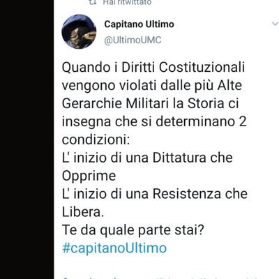 <a href="/UltimoUMC/">Capitano Ultimo</a> Grazie <a href="/UltimoUMC/">Capitano Ultimo</a>
Onore a lei,alla #Schilirò e a quanti nella <a href="/poliziadistato/">Polizia di Stato</a> <a href="/_Carabinieri_/">Arma dei Carabinieri</a> <a href="/GDF/">Guardia di Finanza</a> NON HANNO MAI SMESSO DI TENERE FEDE AL #GIURAMENTO FATTO SULLA #COSTITUZIONE 🇮🇹RICONOSCENDO LA #SOVRANITÀPOPOLARE E SERVIRE LO #STATO ovvero i #CittadiniItaliani e non la #Dittatura
