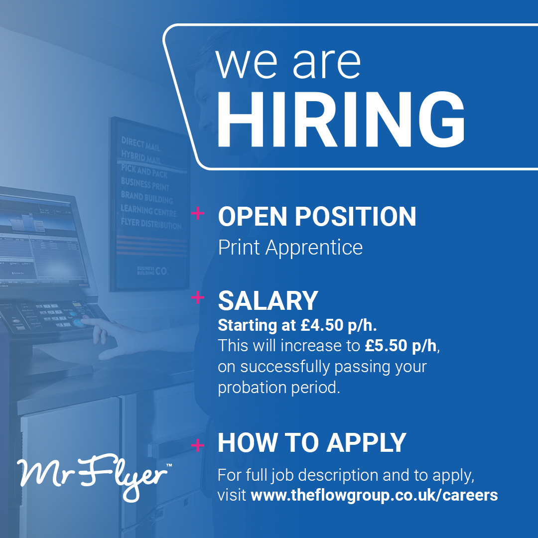 MrFlyerLtd's tweet photo. WE ARE HIRING...
We are looking for a well presented, customer service-oriented Production Print Apprentice. This is a great opportunity to earn while you learn, so if this is you, visit https://t.co/wQIVkJTmLH to apply today https://t.co/ZdpMMWiEXe