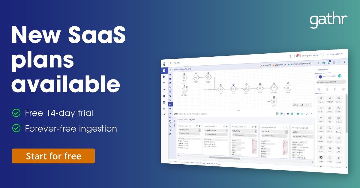 Gathr_One's tweet photo. Meet Gathr, the all-new version of StreamAnalytix! Power batch &amp; streaming ingestion, ETL/ETLT data integration, CDC, ML and advanced analytics, and more with this all-in-one platform. Gathr offers exciting new SaaS plans, including Forever Free Ingestion https://t.co/cZd4wVVrfM https://t.co/YzNBKT8Bhl