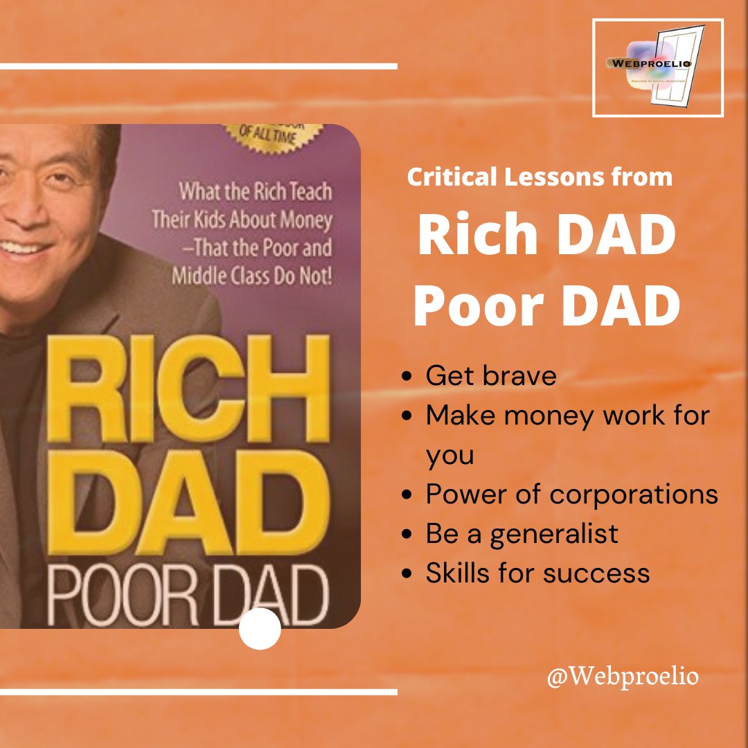 webproelio's tweet photo. Have you heard any critical lesson from "Rich Dad Poor Dad"

If not, let's see👇👇

~ Be a generalist
~ Get brave
~ Make money work for you
~ Teach yourself Financial literacy
~ Power of corporation
~ Your Mind is your best Assets
~ Mind your own Business https://t.co/3QNUP8WeAg