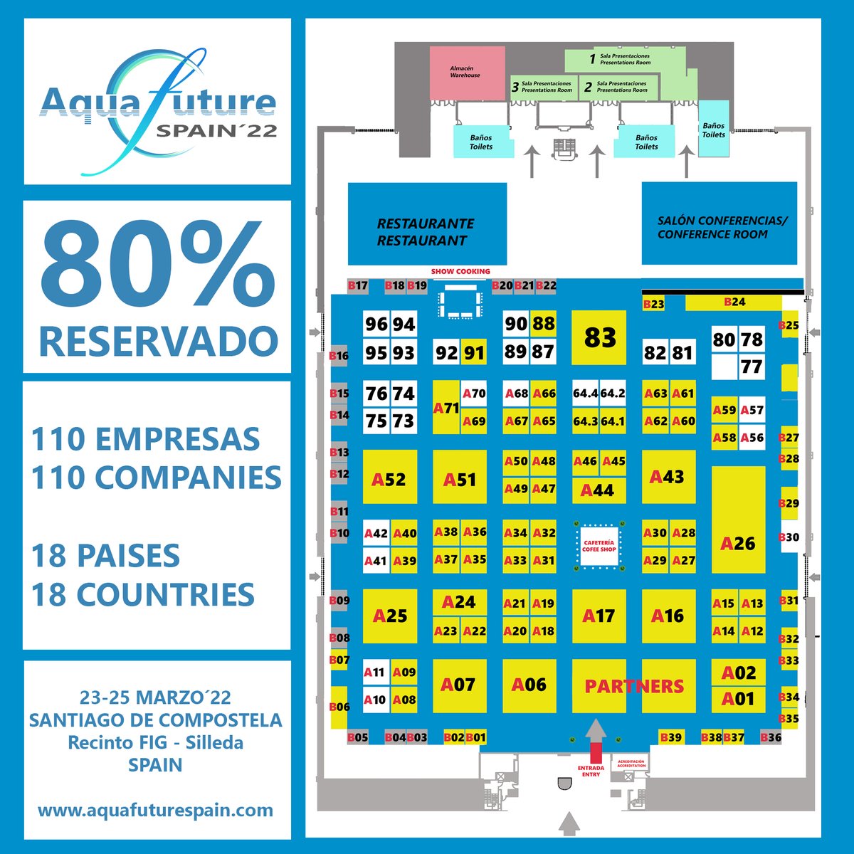 YA FALTA POCO PARA COMPLETAR  Aquafuture Spain,
Más del 80% reservado
110 empresas representadas, procedentes de 18 países...
No te lo puedes perder, participa como expositor o como visitante profesional... 
Contacta con nosotros en aquafuturespain.com