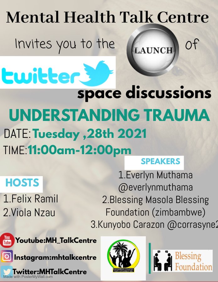 Tomorrow we are launching our Twitter Spaces discussion which will be hosted every Tuesday 11 am to 12noon by @RamilFelix_ and @Nzau_Viola 
Be sure to join us for our first Space tomorrow. 
#MentalHealthMatters 
#TraumaInformedKE
@corrasyne2 @EverlynMuthama @BlessingFounda1