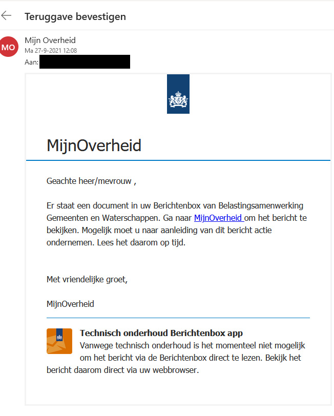 Let op: trap niet in een mail van MijnOverheid met het onderwerp Teruggave bevestigen. Online criminelen zijn uit op je gegevens en geld. Echte mails van MijnOverheid bevatten NOOIT een doorlink om op te klikken. Bekijk de nepmail → bnnvara.nl/kassa/artikele… #phishing #KassaTV